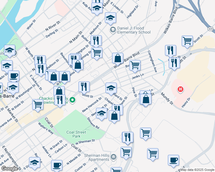 map of restaurants, bars, coffee shops, grocery stores, and more near 95 Kidder Street in Wilkes-Barre