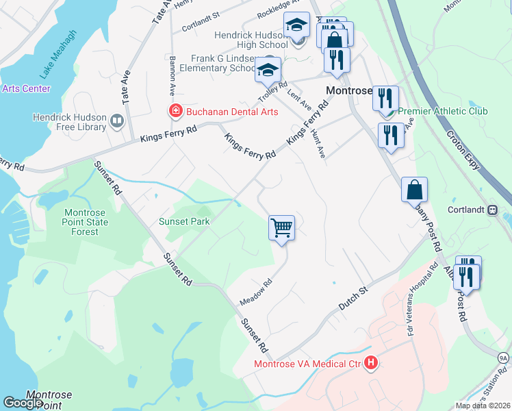 map of restaurants, bars, coffee shops, grocery stores, and more near 11 Meadow Road in Montrose