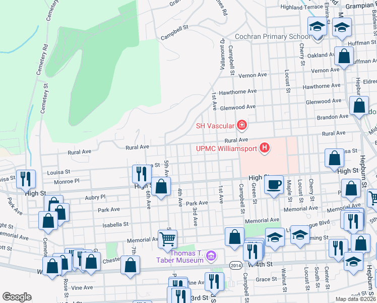 map of restaurants, bars, coffee shops, grocery stores, and more near 815 3rd Avenue in Williamsport