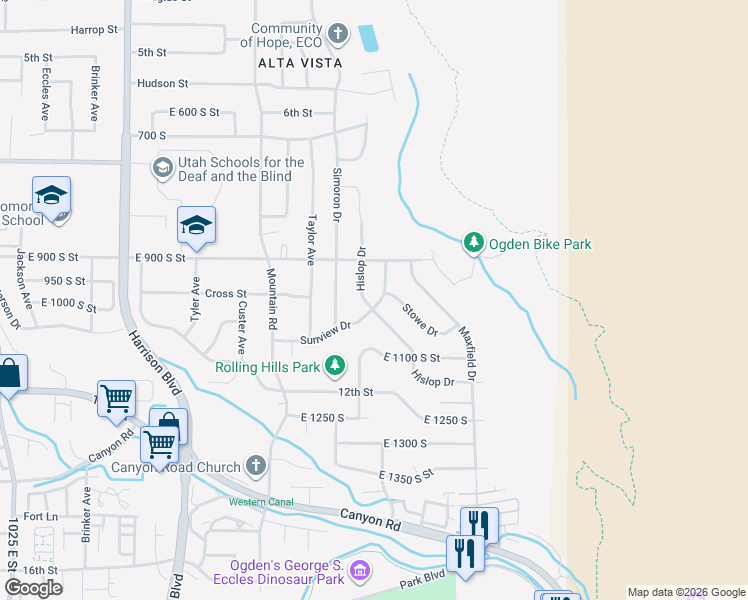 map of restaurants, bars, coffee shops, grocery stores, and more near 975 Fillmore Avenue in Ogden