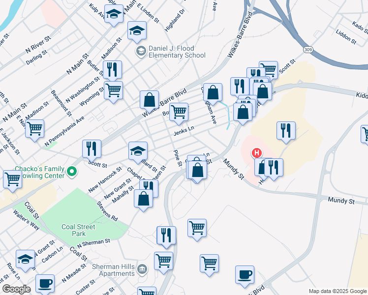 map of restaurants, bars, coffee shops, grocery stores, and more near 82 Maxwell Street in Wilkes-Barre