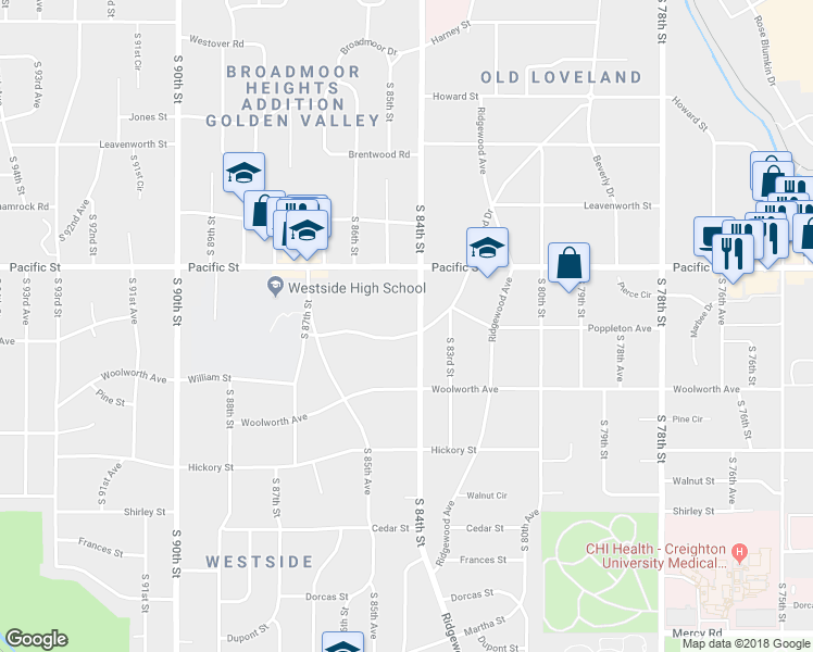 map of restaurants, bars, coffee shops, grocery stores, and more near 8402 Loveland Drive in Omaha