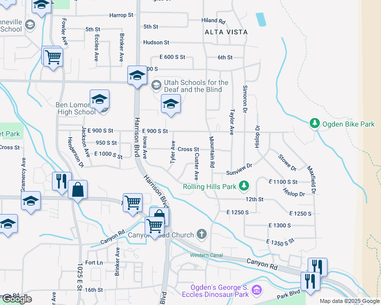 map of restaurants, bars, coffee shops, grocery stores, and more near 1343 Cross Street in Ogden