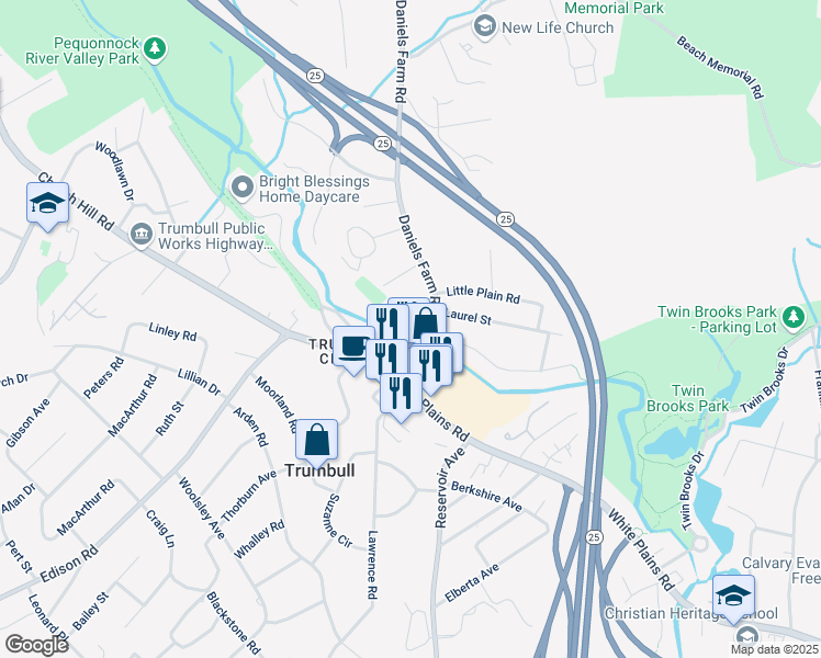 map of restaurants, bars, coffee shops, grocery stores, and more near 41 Old Mill Road in Trumbull