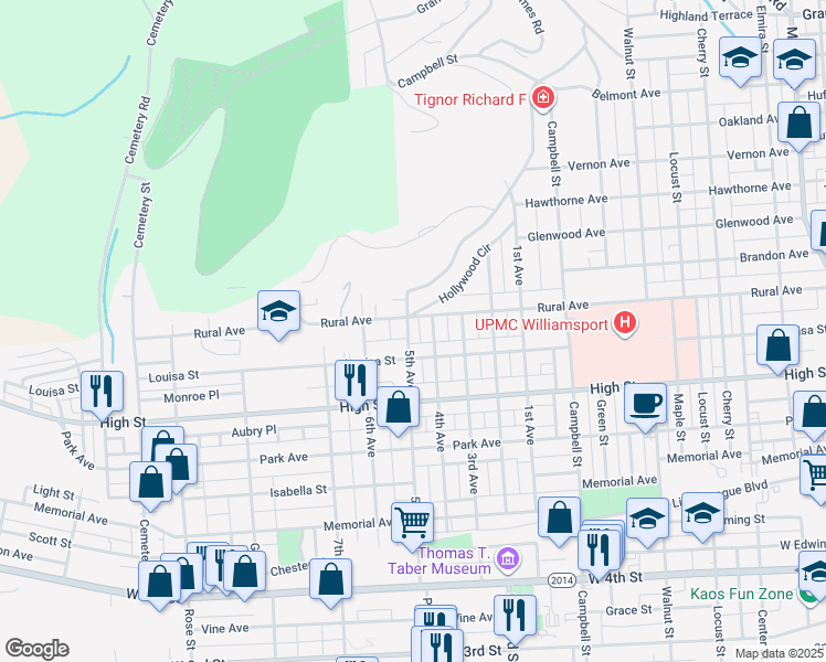 map of restaurants, bars, coffee shops, grocery stores, and more near 820 5th Avenue in Williamsport