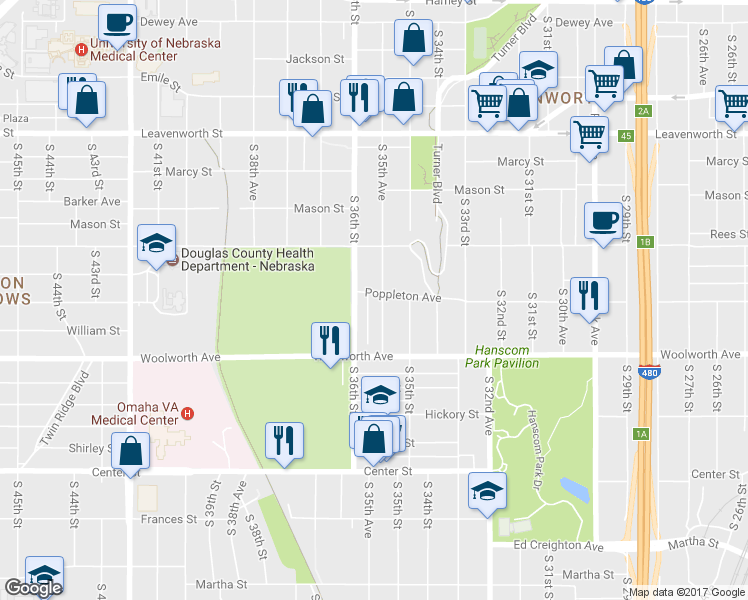 map of restaurants, bars, coffee shops, grocery stores, and more near 1306 South 35th Avenue in Omaha