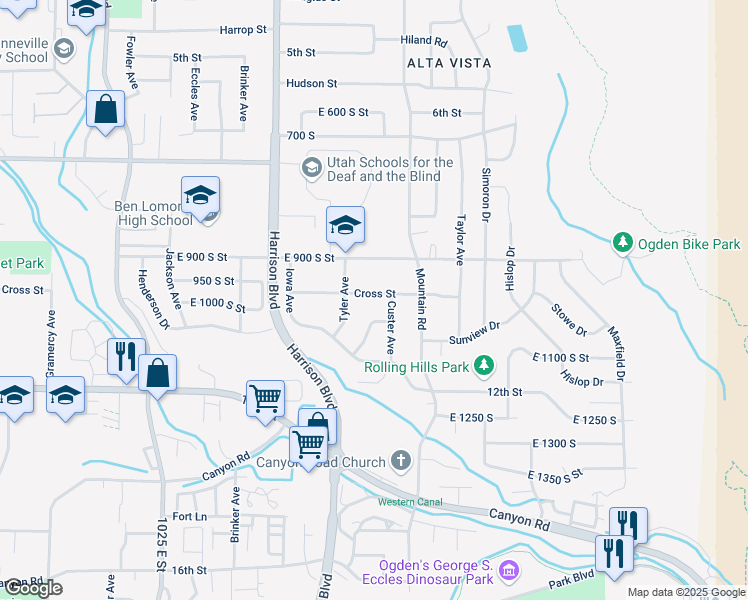 map of restaurants, bars, coffee shops, grocery stores, and more near 1343 Cross Street in Ogden