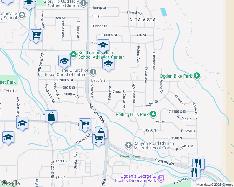 map of restaurants, bars, coffee shops, grocery stores, and more near 1331 Cross Street in Ogden