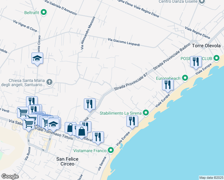 map of restaurants, bars, coffee shops, grocery stores, and more near 2 Via delle Ninfe in San Felice Circeo