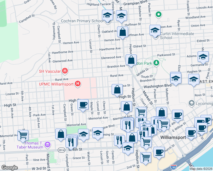 map of restaurants, bars, coffee shops, grocery stores, and more near 510 Louisa Street in Williamsport