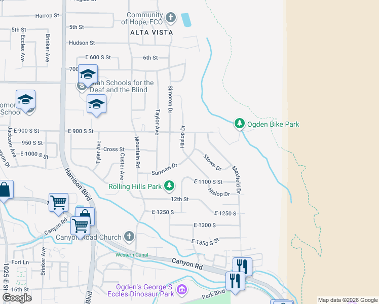 map of restaurants, bars, coffee shops, grocery stores, and more near 975 Fillmore Avenue in Ogden