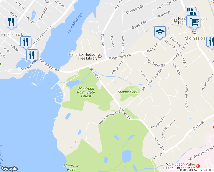map of restaurants, bars, coffee shops, grocery stores, and more near 44 Sunset Road in Montrose