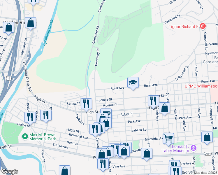 map of restaurants, bars, coffee shops, grocery stores, and more near 1294 Rural Avenue in Williamsport