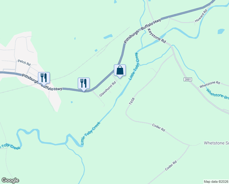 map of restaurants, bars, coffee shops, grocery stores, and more near 41 Chapman Lane in Brockway