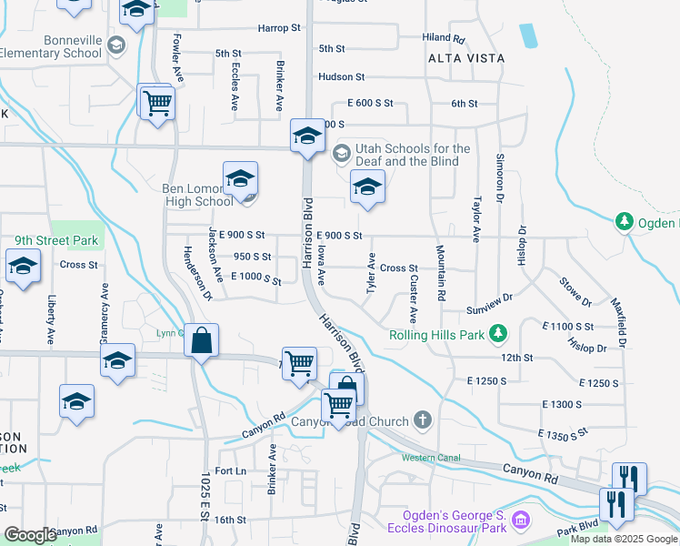 map of restaurants, bars, coffee shops, grocery stores, and more near 1229 Cross Street in Ogden