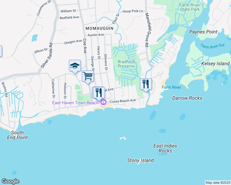 map of restaurants, bars, coffee shops, grocery stores, and more near 53 2nd Avenue in East Haven