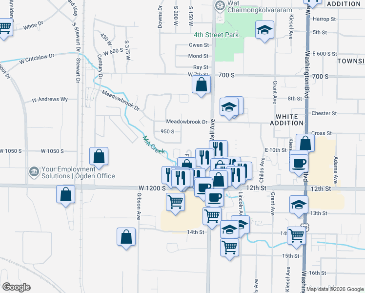 map of restaurants, bars, coffee shops, grocery stores, and more near 197 West 1000 South in Ogden