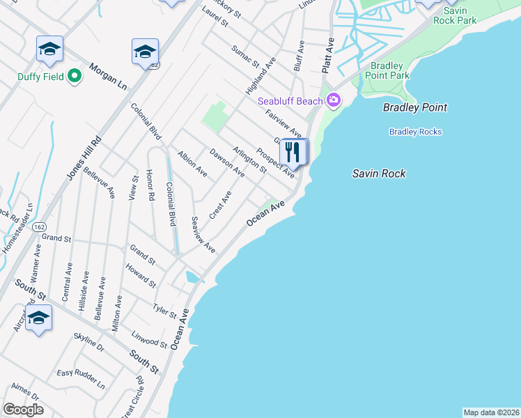 map of restaurants, bars, coffee shops, grocery stores, and more near Old Ocean Avenue & Laurel Place in West Haven