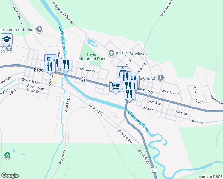 map of restaurants, bars, coffee shops, grocery stores, and more near 1000 Main St in Brockway