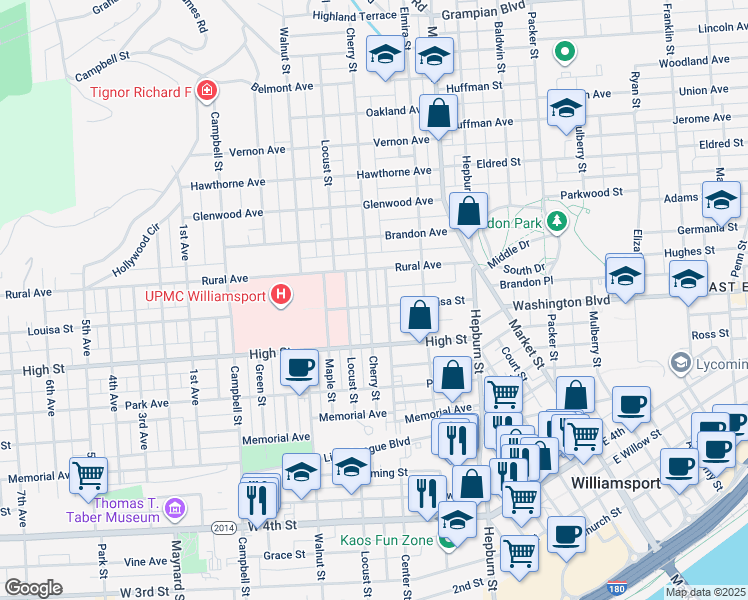 map of restaurants, bars, coffee shops, grocery stores, and more near 510 Louisa Street in Williamsport