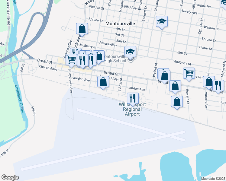 map of restaurants, bars, coffee shops, grocery stores, and more near 552 South Alley Street in Montoursville