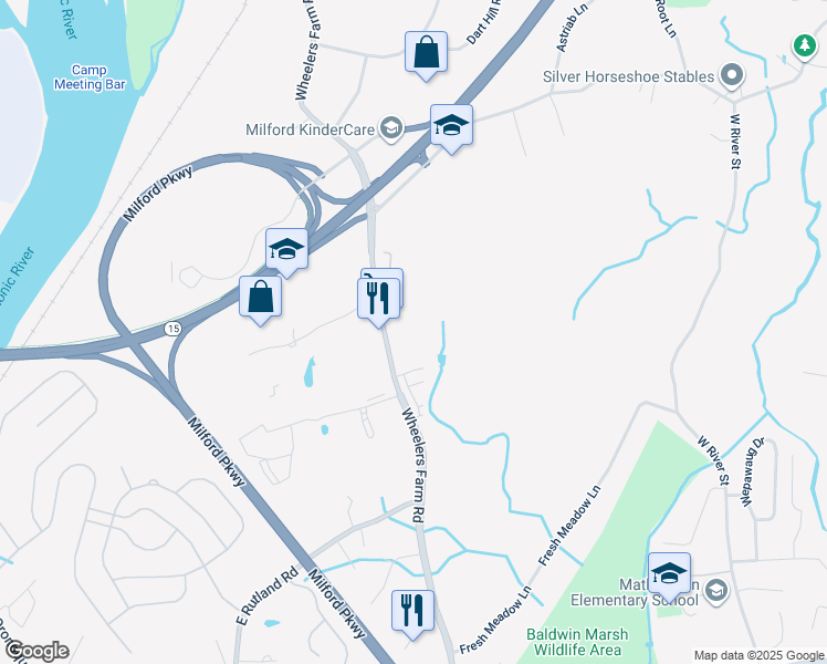 map of restaurants, bars, coffee shops, grocery stores, and more near 523 Wheelers Farm Road in Milford