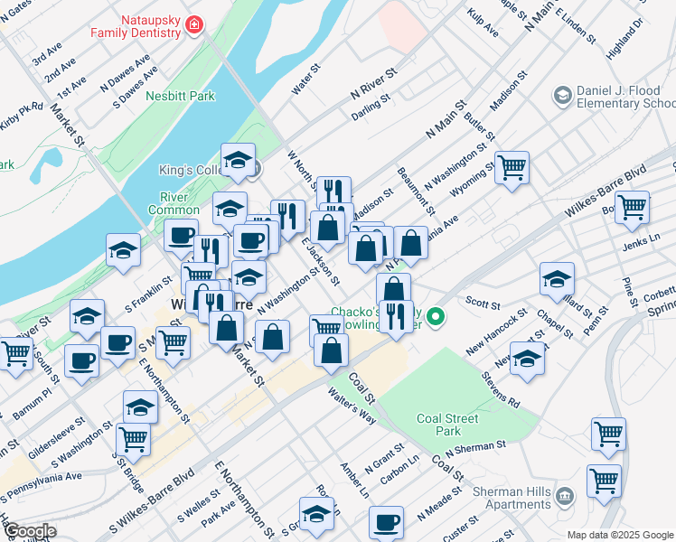 map of restaurants, bars, coffee shops, grocery stores, and more near 53 East Jackson Street in Wilkes-Barre