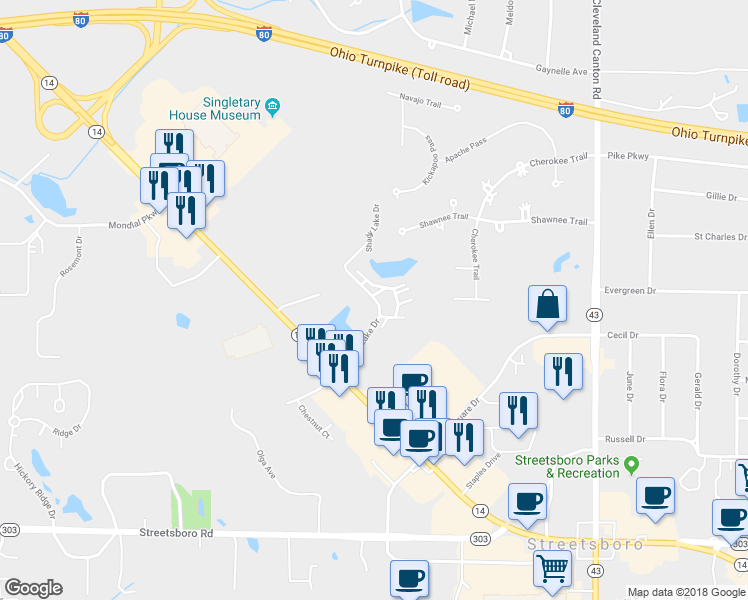 map of restaurants, bars, coffee shops, grocery stores, and more near 9585 Ohio 14 in Streetsboro