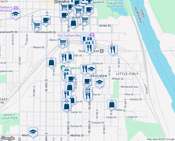 map of restaurants, bars, coffee shops, grocery stores, and more near 1226 South 10th Street in Omaha