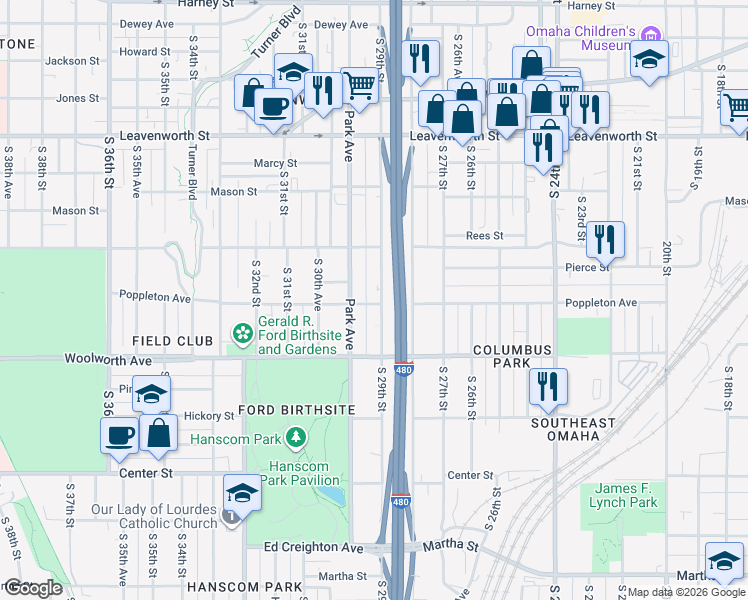 map of restaurants, bars, coffee shops, grocery stores, and more near in Omaha