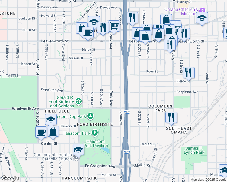 map of restaurants, bars, coffee shops, grocery stores, and more near in Omaha