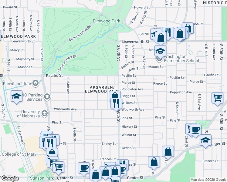 map of restaurants, bars, coffee shops, grocery stores, and more near 6028 Poppleton Avenue in Omaha