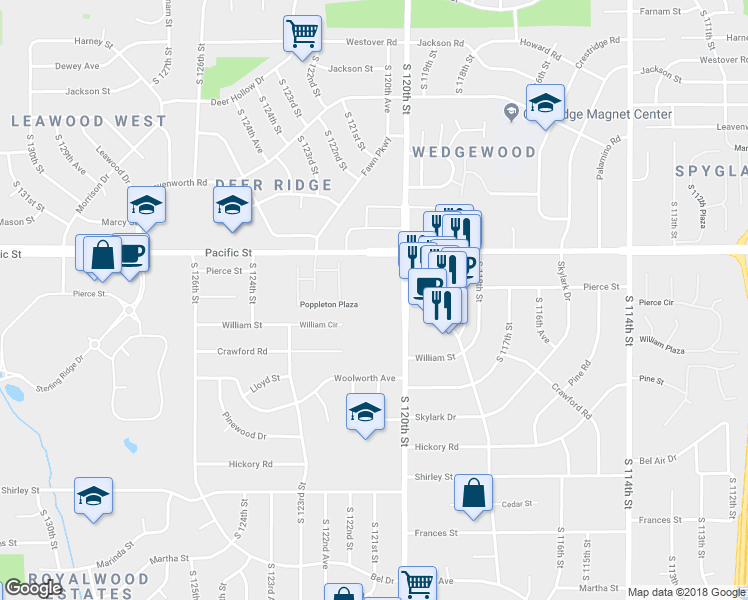 map of restaurants, bars, coffee shops, grocery stores, and more near 1231 South 121st Plaza in Omaha