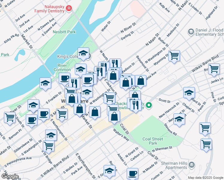 map of restaurants, bars, coffee shops, grocery stores, and more near 53 East Jackson Street in Wilkes-Barre