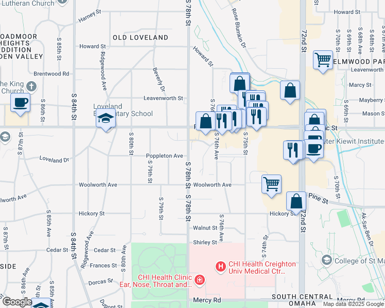 map of restaurants, bars, coffee shops, grocery stores, and more near 7716 Poppleton Plaza in Omaha