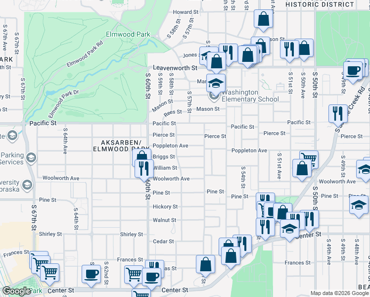 map of restaurants, bars, coffee shops, grocery stores, and more near 5637 Poppleton Avenue in Omaha