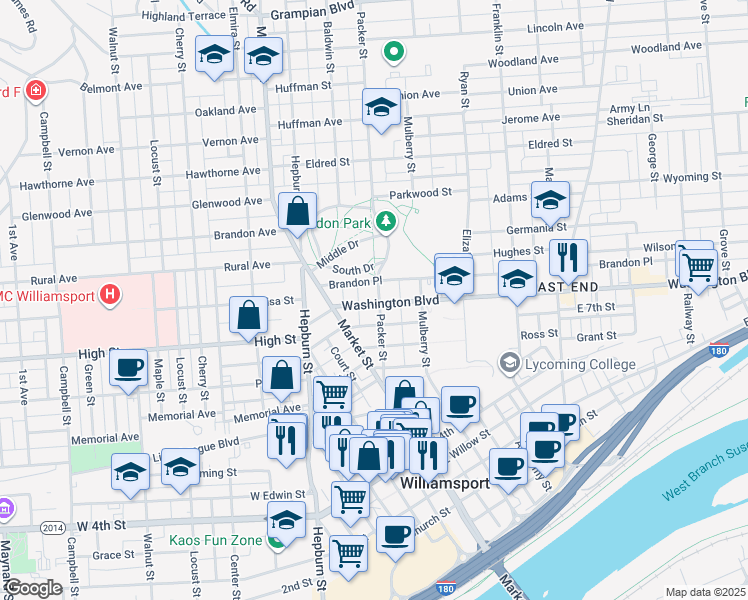 map of restaurants, bars, coffee shops, grocery stores, and more near 43 Washington Boulevard in Williamsport