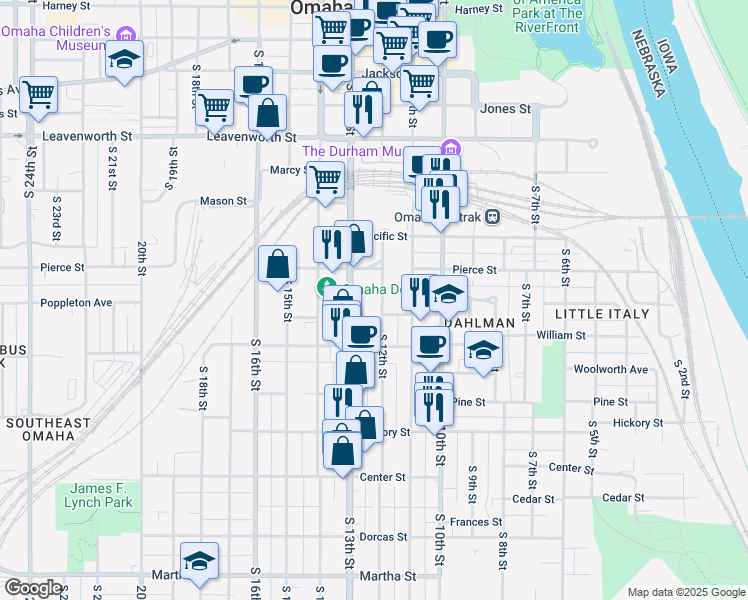 map of restaurants, bars, coffee shops, grocery stores, and more near 1222 South 12th Street in Omaha
