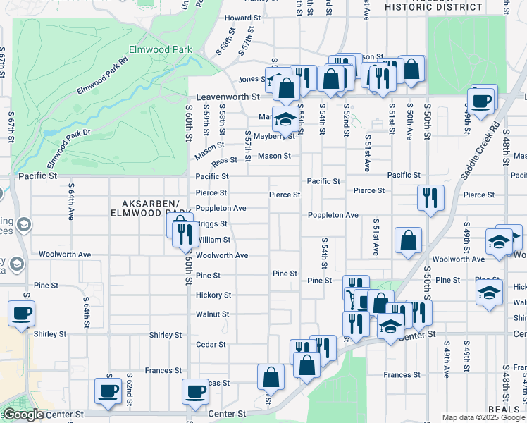 map of restaurants, bars, coffee shops, grocery stores, and more near 1302 South 56th Street in Omaha