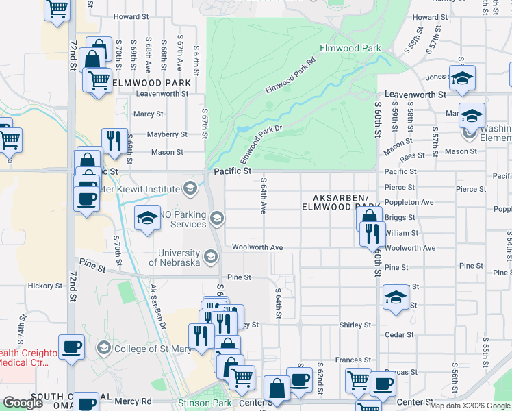 map of restaurants, bars, coffee shops, grocery stores, and more near 1218 South 64th Avenue in Omaha