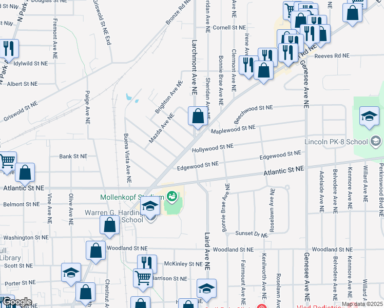 map of restaurants, bars, coffee shops, grocery stores, and more near 1114 Hollywood Street Northeast in Warren
