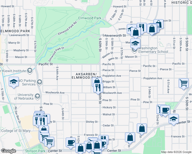 map of restaurants, bars, coffee shops, grocery stores, and more near 6028 Poppleton Avenue in Omaha