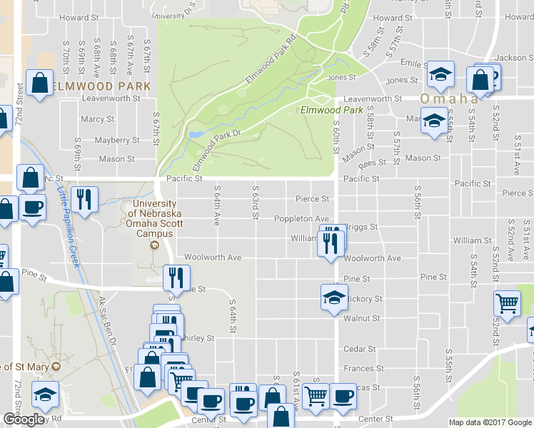 map of restaurants, bars, coffee shops, grocery stores, and more near 6228 Poppleton Avenue in Omaha