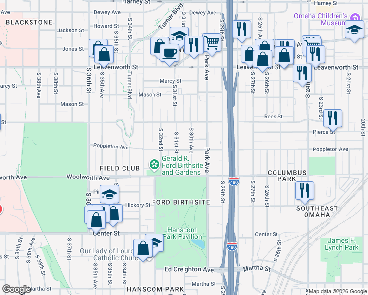 map of restaurants, bars, coffee shops, grocery stores, and more near 3008 Poppleton Avenue in Omaha