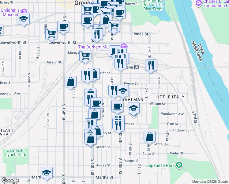 map of restaurants, bars, coffee shops, grocery stores, and more near 1226 South 10th Street in Omaha