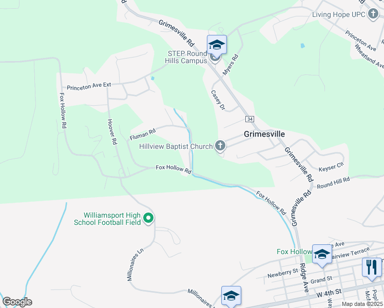 map of restaurants, bars, coffee shops, grocery stores, and more near 80 Wagner Road in Williamsport