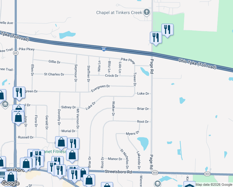 map of restaurants, bars, coffee shops, grocery stores, and more near 1735 Luke Drive in Streetsboro