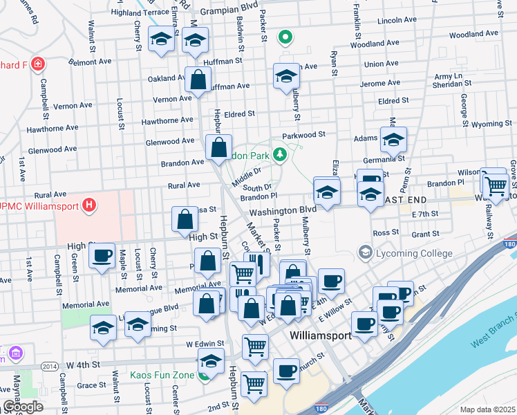 map of restaurants, bars, coffee shops, grocery stores, and more near 21 Washington Boulevard in Williamsport