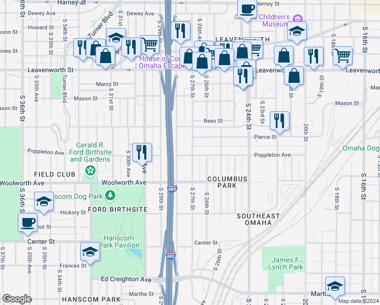 map of restaurants, bars, coffee shops, grocery stores, and more near 2702 Poppleton Avenue in Omaha