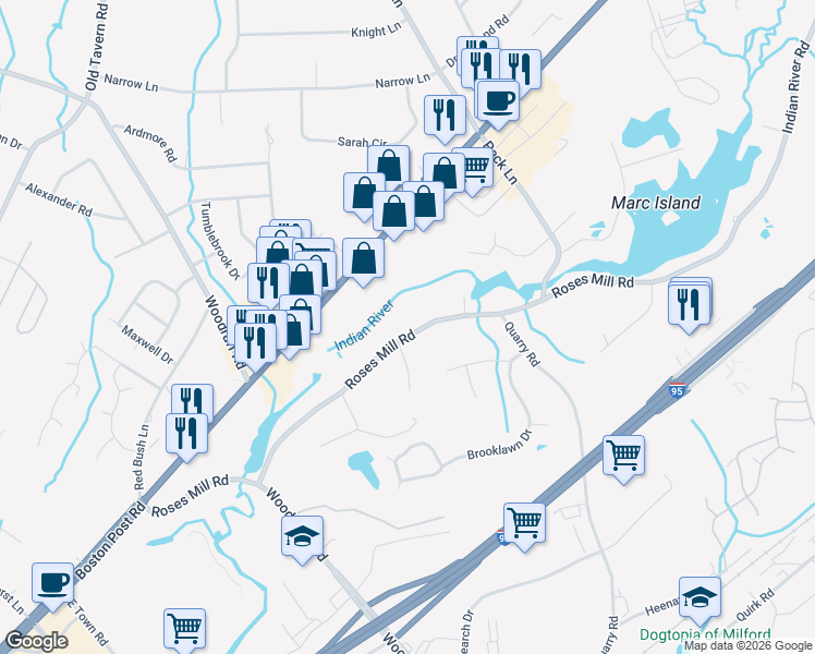 map of restaurants, bars, coffee shops, grocery stores, and more near 336 Roses Mill Road in Milford